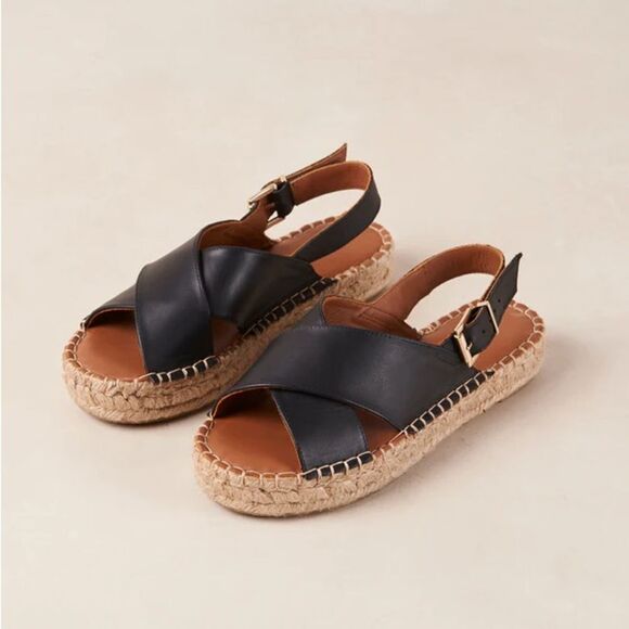 Alohas Crossed Black Leather Espadrilles - Picture 1 of 9